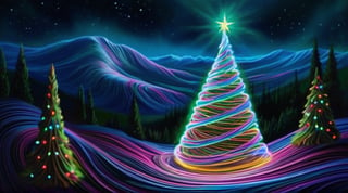 Realistic 1:2,  high resolution 1:2, clear and sharp focus, masterpiece 1:2) a mesmerizing display of bioluminescent brilliance, a bendy christmas tree emerges from the forest, glowing with vibrant hues that dance and swirl like illuminated ribbons. As it moves, its luminous presence paints the world with cascades of enchanting colors, casting a spell of awe and wonder upon the rolling hills and mountains and luminous weeds surrounding it, following the contours.
(masterpiece 1:2, realistic 1:2)