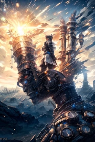 Balance of steampunk machines, nature and mankind, Realisim, photographic, masterpeice, cinematic, waist to head close-up, Add more detail,ff14bg,Add more detail,cart00d,DarkTheme,masterpiece,rock_2_img,EpicSky