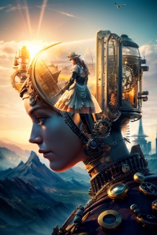 Balance of steampunk machines, nature and mankind, Realisim, photographic, masterpeice, cinematic, waist to head close-up, Add more detail,ff14bg,Add more detail,cart00d,DarkTheme,masterpiece,rock_2_img,EpicSky