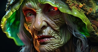 realistic old hag, wrinkled extremely and sexy, inbred with realistic horror creature from Space. terraforming. Alien Flora,  large gazing eyes, close-up, hyper detailed, rich colours, red green, rich dark shadows, yellow, bioluminescent, colourfull, glow, fluid slime glowingslobber, oozing, dripping, moist, fleshy, trending on artstation, sharp focus, studio photo, intricate details, highly detailed, glossy, slimy, mucous, by greg rutkowski detailed face, hyper realistic
 detailed skin,isni,traditional,detailmaster2