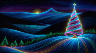 Realistic,  high resolution, a mesmerizing display of bioluminescent brilliance, a bendy christmas tree emerges glowing with vibrant hues that dance and swirl like illuminated ribbons. As it moves, its luminous presence paints the world with cascades of enchanting colors, casting a spell of awe and wonder upon the rolling hills and mountains surrounding it., 
(masterpiece 1:2, realistic 1:2)