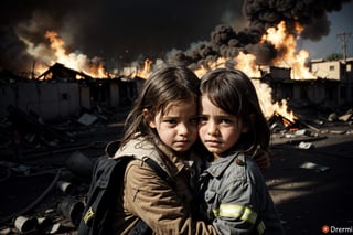 Two orphaned children embrace in the middle of war. A boy and a girl, both around 10 years old, wearing torn and dirty clothes. They have brown hair and green eyes. They are scared and sad, but also relieved to have each other. They are crying and hugging each other for comfort. They look at the camera with a mixture of fear and hope. (looking at viewer) Crowds flee the carnage around them.They are on a unpaved street destroyed by bombs and gunfire. There is smoke, fire and debris everywhere. There are bodies of soldiers and civilians on the ground. There are tanks, planes and helicopters in the background. The camera is at eye level with the children, showing a medium shot of their faces and bodies. The camera is tilted slightly to convey the feeling of chaos and instability. The children are in the center of the image, occupying most of the space. They are framed by contrasting elements, such as fire and smoke, which create an atmosphere of danger and tension. The image has a dark and moody color palette, with shades of grey, brown and red. The lighting is dim and diffuse, coming mainly from fire and explosions. There are harsh shadows and strong contrasts in the image. The children are illuminated by a soft, warm light, which highlights their faces and creates a focus of attention in the image.,