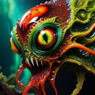 horror creature from Space. terraforming. Alien Flora,  large gazing eyes, close-up, hyper detailed, rich colours, red green, rich dark shadows, yellow, bioluminescent, colourfull, glow, fluid slime glowingslobber, oozing, dripping, moist, fleshy, trending on artstation, sharp focus, studio photo, intricate details, highly detailed, glossy, slimy, mucous, by greg rutkowski detailed face, detailed skin,isni,traditional,detailmaster2