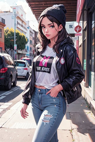 "Una hermosa mujer de 20 años, luce un conjunto que combina comodidad y estilo. Viste unos jeans ajustados que realzan su figura y una camiseta de manga corta que resalta su belleza natural. Para completar su look, lleva una chaqueta de cuero negra que agrega un toque de sofisticación y rebeldía. Sus zapatillas de deporte modernas le dan un toque casual y fresco. Lleva su cabello negro largo y suelto sin gorro, lo que resalta su atractiva apariencia. La imagen debe reflejar su confianza y elegancia en este atuendo casual con chaqueta de cuero."