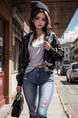 "Una hermosa mujer de 20 años, luce un conjunto que combina comodidad y estilo. Viste unos jeans ajustados que realzan su figura y una camiseta de manga corta que resalta su belleza natural. Para completar su look, lleva una chaqueta de cuero negra que agrega un toque de sofisticación y rebeldía. Sus zapatillas de deporte modernas le dan un toque casual y fresco. Lleva su cabello negro largo y suelto sin gorro, lo que resalta su atractiva apariencia. La imagen debe reflejar su confianza y elegancia en este atuendo casual con chaqueta de cuero."