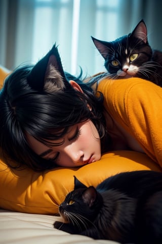 hermosa mujer, cabello negro largo,ojos azules, viste pijama naranja con estampado de gatitos, en la cama. Despertando al lado de su tierno gato curl americano dormido.