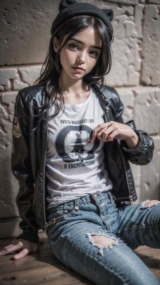 "Una hermosa mujer de 20 años, luce un conjunto que combina comodidad y estilo. Viste unos jeans ajustados que realzan su figura y una camiseta de manga corta que resalta su belleza natural. Para completar su look, lleva una chaqueta de cuero negra que agrega un toque de sofisticación y rebeldía. Sus zapatillas de deporte modernas le dan un toque casual y fresco. Lleva su cabello negro largo y suelto, lo que resalta su atractiva apariencia. La imagen debe reflejar su confianza y elegancia en este atuendo casual con chaqueta de cuero."