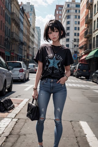 Evitar crear una imagen de Aria Starson en un atuendo casual atractivo en el mundo moderno con jeans ajustados, camiseta de manga corta, chaqueta de cuero negra, zapatillas de deporte modernas y cabello negro largo y suelto que resalte su confianza y elegancia.