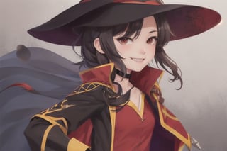 megumin, 1girl, solo, portrait, smile, confident, uneven legwear witch hat, choker, gloves, belt, red dress, cape, fingerless gloves, perfect quality, good quality, masterpiece, cute face, :), black hair