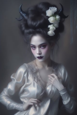 Create a stunning impressionist painting inspired by the styles of Monet and Renoir. Depict a beautiful demon lady surrounded by perfumes in a dark room. Infuse the scene with a mysterious ambiance while contrasting it with a colorful background, emphasizing the demon lady’s allure and the fragrances’ intoxication.