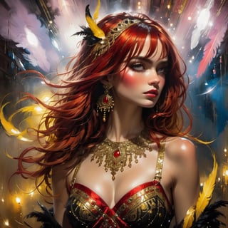 Create a visually stunning painting on canvas artwork featuring a beautiful female evil with (yellow eyes, red hair) in a (dramatic pose) and (decorated dress) amidst (sparkle decorations). Set against a (dramatic and ominous backdrop) with (reddish, abstract elements), infuse (enchantment), classic painting, digital painting, drawing inspiration from artists like (Jeremy Mann, Charles Dana Gibson, Mark Demsteader), perfectly drawn face and hands, artstyle impressionism.