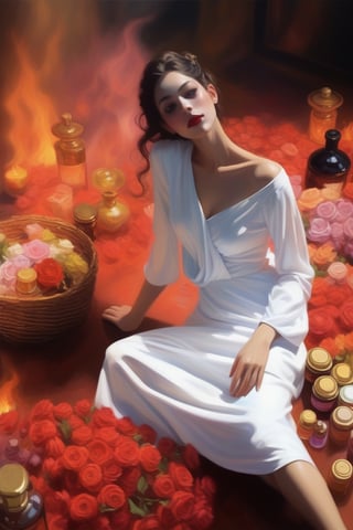 Create a stunning impressionist painting inspired by the styles of Monet and Renoir. Depict a beautiful demon lady surrounded by perfumes in a dark room. Infuse the scene with a mysterious ambiance while contrasting it with a colorful background, emphasizing the demon lady’s allure and the fragrances’ intoxication.