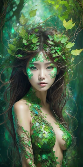 nude korean, A sleek and mysterious dryad, her body a fusion of nature and technology, stands amidst a digital landscape. The image is a digital painting, with vibrant colors and intricate details. Her skin is a shimmering blend of bark and circuitry, her hair a cascade of glowing vines. Her eyes, a piercing green, seem to hold secrets of the digital world. She wears a cloak of pixelated leaves, a symbol of her connection to both the natural and virtual realms. This stunning image captures the essence of a modern-day dryad, a being of both beauty and power.,korean girl,beautymix