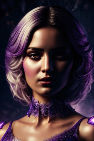masterpiece, best quality, illustration, beautiful detailed eyes,colorful background,mechanical prosthesis,mecha coverage,emerging dark purple across with white hair,pig tails,disheveled hair,fluorescent purple,cool movement,rose red eyes,beatiful detailed cyberpunk city,multicolored hair,beautiful detailed glow,1 girl, expressionless,cold expression,insanity, long bangs,long hair, lace,dynamic composition, motion, ultra - detailed, incredibly detailed, a lot of details, amazing fine details and brush strokes, smooth, hd semirealistic anime cg concept art digital painting,apsara,Masterpiece