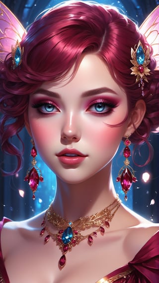 ultra detailed beautiful fairy, claret hair, claret jewel on her forehead, claret top dress, claret eyes, with claret glowing fairy wings, her whole head is visible, claret jewel necklace, earrings, two small short claret wings on the sides of her head in her hair, claret eyeshadow and eyeliner on her eyes, very long eyelashes, beautiful eyelashes, high detailed eyes, highly detailed makeup, stuningly beautiful face, focus on face, cinematic lighting, holographic, light particles, ultra detailed illustration by loish and artgerm, wlop, hit definition, very bold and vivid colors, 32k resolution, best quality, volumetric lighting, “best quality”, “masterpiece"