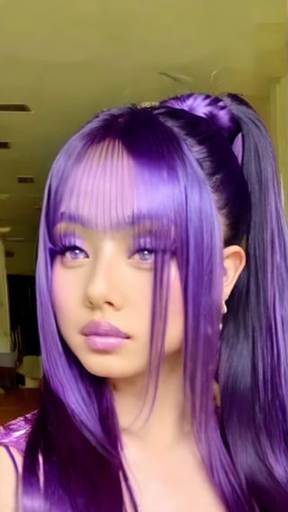a woman with purple hair wearing a purple dress, blue and purple hair, long light purple hair, long wavy purple hair, long purple hair, gorgeous chinese model, purple hair, violet color, violet hair, purple long hair, deep purple hair, long violet hair, beautiful elf with violet skin, chin-length purple hair, flowing purple hair, purple and blue