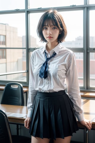 A Chinese female student in school uniform, 18 years old, with short hair and full of energy, Tyndall fiber optic light shines from the window, with the school library background in the background