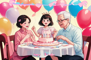 A family, the father  on the left, the mother is holding her daughter on the right, the father and mother are both young, and the mother is very beautiful, celebrate birthday, There is a birthday cake on the table, Background with ribbons and balloons to celebrate birthday