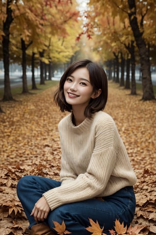 Beautiful photography of a chinse girl with short pixie-style hair, dressed in seasonal clothes, sitting on dry autumn leaves, while looking up smiling and falling autumn leaves. Warm colors in ocher and indigo tones. By Paola Salomé. This image captivates with its display of warmth and authenticity., cinematic, painting
