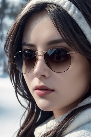 photo r3al, detailmaster2, masterpiece, photorealistic, 8k, 8k UHD, best quality, ultra realistic, ultra detailed, hyperdetailed photography, real photo,  sunglasses, winter, photorealistic, 8k, realistic eyes, detailed face, upper body, facing viewer, outdoors, daylight, (closeup),