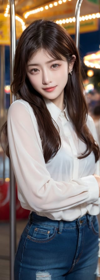 background is amusement park,
a chinese girl,20y,perfect light,wearing white collared long sleeve shirts,short jeans, smile,ride a merry-go-round, solo, {beautiful and detailed eyes}, dark eyes, calm expression, delicate facial features, ((model pose)), Glamor body type, (dark hair:1.2), simple tiny earrings, very_long_hair, hair past hip, bang, straight hair, flim grain, realhands, masterpiece, Best Quality, 16k, photorealistic, ultra-detailed, finely detailed, high resolution, perfect dynamic composition, beautiful detailed eyes, eye smile, ((nervous and embarrassed)), sharp-focus, full_body, cowboy_shot,Japanese