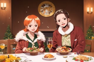 masterpiece, top quality, nami and robin, thanksgiving banquet table, indoor, wooden table, wooden interior, brunette, brown hair, brown eyes, happy, close mouth and look at viewer, santa suit,nami