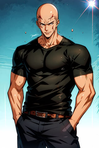 solo, looking at audience, short hair, bangs, shirt, detalied_background, short sleeves, male focus, solo, looking at audience, smile, bald, bangs, shirt,  Hanamichi Sakuragi, short sleeves, male focus, pants, black shirt, muscular, scar, abs, pecs, muscular man, scar on face, hands in pockets, tight, covered abs, tight shirt, Fushiguro Toji, muscular man, black shirt , hands in pockets, hair over eyes, nanatsu_no_taizai_style, hair over eyes, hair over eyes, no_eyes, forest, tank_top, :), portrait, illustration, fcloseup, midjourney, 3DMM, r1ge,hanamichi_sakuragi