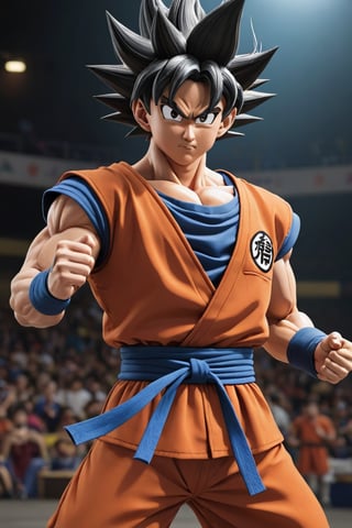 Goku is holding a champion belt in budokai stage, 
dragon ball theme,
photorealistic:1.3, best quality, masterpiece,MikieHara