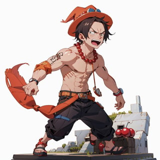 Ace One Piece manga character, shirtless, wearing a red hat and a red bead chain around his neck (white background: 1.2), absurd, high resolution, super detailed, chibi, (diorama: 1.4), miniature, BREAK
3D style, enhance everything