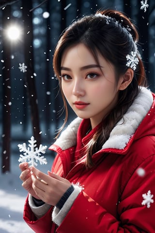 masterpiece, best quality, high detailed, Extremely Realistic, beautiful chinese girl wearing a beautiful red winter coat standing looking at the (((Raw shiny crystal snowflake in hand))) snow in magical forest at dark night, high_res snowflake, detailed snowflake, density snowflake, static snowflake, slowmo snowflake, foreground snowflake, cinematic, moviemaker style,