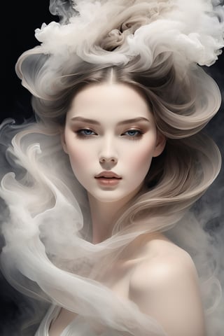 smoke sculpture portrait of a woman ( Lana Rhoades face) , in the style of flowing fabrics, delicate ink washes, dance, juliana nan, clear and crisp, mandy disher, movement and spontaneity captured