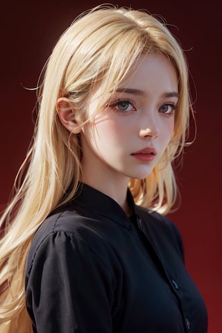 a 20 yo woman,blonde,long hair,dark theme, soothing tones, muted colors, high contrast, (natural skin texture, hyperrealism, soft light, sharp),red background,simple background, 