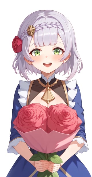 Score_9, Score_8_up, Score_7_up,
1girl, noelle, genshin impact, green eyes, short hair, silver hair, braid, flower, hair flower, hair ornament, blue dress, holding a bouquet of tulips in hands, happy, smile, open mouth, simple background, white background, upper body, pastel, pink theme, warm colours, masterpiece, best quality, aesthetic , art by wlop, art by nixeu