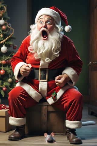 full body of Santa claus shocked and scared of little mouse, , HDR, highly detailed, 32k,