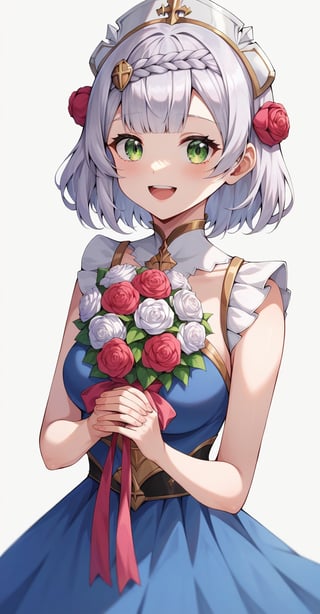 Score_9, Score_8_up, Score_7_up,
1girl, noelle, genshin impact, green eyes, short hair, silver hair, braid, flower, hair flower, hair ornament, blue dress, holding a bouquet of tulips in hands, happy, smile, open mouth, simple background, white background, upper body, pastel, pink theme, warm colours, masterpiece, best quality, aesthetic , art by wlop, art by nixeu