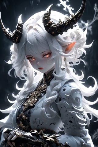 Raiden Shogun Genshin Impact, ((Cinematic high quality photo)),mysterious hybrid albino demon little queen, (long intricate horns), a sister clad in gothic punk attire,Mechanical unique being body, ntricate gears,  mesmerizing light, polished metal vines form a fascinating,ct-niji2