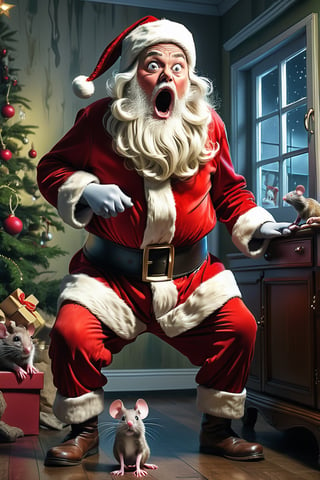 full body of Santa claus shocked and scared of little mouse, , HDR, highly detailed, 32k,