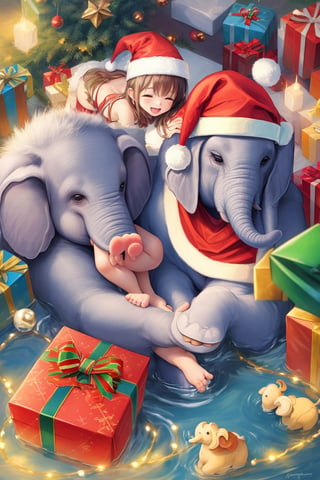 at christmas, photorealistic cute small fluffy elephant playing with water in backyard, family, christmas gift, detailed house, cute, christmas ornament, happy family, [santa claus]