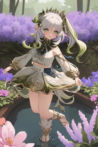 1girl, (pale skin), milf body, adult, standing, contrapossto, blush, parted lips, dancing,
((nahida's face; nahida's hair; green eyes, elf ears)), 
((nilou's outfit; nilou cosplay, nilodef, crop top, jewelry, horns, veil, bracer, brooch, long sleeves, puffy long sleeves, skirt, bangs, twintails, puffy sleeves, neck ring, gold trim, parted bangs, arm up, circlet, blue skirt, hair ornament, detached sleeves, low twintails, floating hair, gem, hair flower, blue gemstone, dancer, white headwear, medium breasts, midriff)), milf, cute, on pond, above water, forest, animals, purple flower garden,  (knee), niloudef