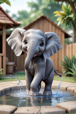 cute small elephant playing with water in backyard, family, christmas gift, detailed house, cute