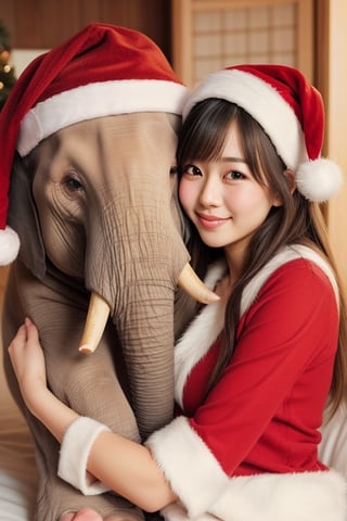 girl japanese wearing santa head and cute realistic elephant cuddling in christmas eve, happy color, pastel color, (masterpiece), high detailed, cute, kawaii