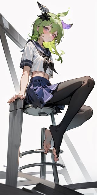 absurdres, highres, ultra detailed, manhwa style, (monochrome), 1girl, colleirnd, collei, green hair, medium hair, crossed bangs, sidelocks, (purple eyes:1.1), hair ornament, blush, , alternate costume, (school uniform), shirt, (white shirt), crop top, midriff, short sleeves, serafuku, sailor collar, neckerchief, blue skirt, pleated skirt, (pantyhose, white pantyhose), legs, feet, toes, soles, no shoes, sitting, (sitting on stool), looking at viewer, (paw pose, arm up), (white background), (from below), sketch