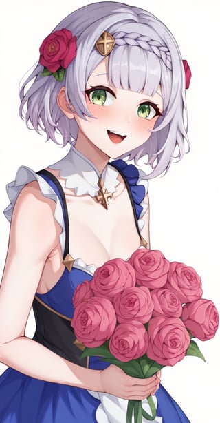 Score_9, Score_8_up, Score_7_up,
1girl, noelle, genshin impact, green eyes, short hair, silver hair, braid, flower, hair flower, hair ornament, blue dress, holding a bouquet of tulips in hands, happy, smile, open mouth, simple background, white background, upper body, pastel, pink theme, warm colours, masterpiece, best quality, aesthetic ,  kashikaze, (meyoco), poharo, nixeu, (sorimachi-doufu:0.3)