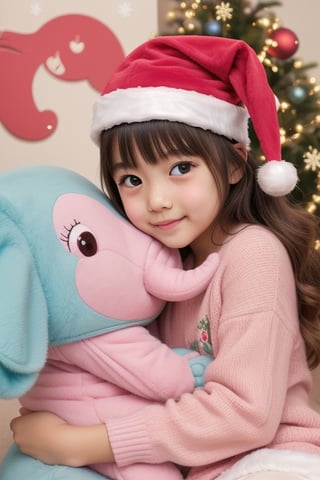little girl japanese wearing santa head and cute pink elephant cuddling in christmas eve, happy color, pastel color, (masterpiece), high detailed, cute, kawaii