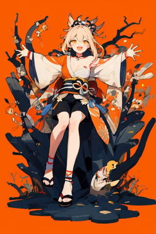 Yoimiya (genshin impact), bare shoulders, 1girl,  yellow eyes,open mouth, hair ornament,high heels, shorts, solo,orange hair, large breasts, legs, simple background, skirt, long hair, looking at viewer,masterpiece, best quality,smile to viewer ,;d,((red background)),autumn
,cartoon,col,dynamic,hiphop,street art,Graffiti,sitting on the rock under the tree,	 SILHOUETTE LIGHT PARTICLES,seaside,form behind ,open arms,no_humans,yoimiyadef, (((colorful white background)))