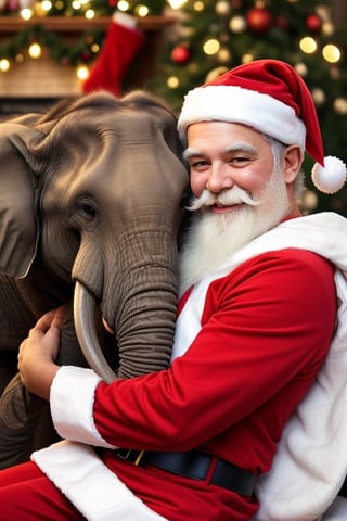 cute santa and cute elephant cuddling in christmas eve
