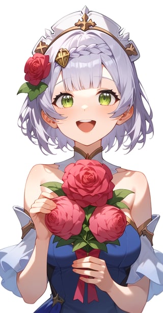 Score_9, Score_8_up, Score_7_up,
1girl, noelle, genshin impact, green eyes, short hair, silver hair, braid, flower, hair flower, hair ornament, blue dress, holding a bouquet of tulips in hands, happy, smile, open mouth, simple background, white background, upper body, pastel, pink theme, warm colours, masterpiece, best quality, aesthetic , art by wlop, art by nixeu