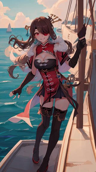 (masterpiece), best quality, expressive eyes, perfect face, 1girl, beidoudef, beidou \(genshin impact\), solo, eyepatch, large breasts, cleavage cutout, long hair, brown hair, red eyes, hair ornament, fur trim, hair over one eye, capelet, hair stick, one eye covered, hairpin, gloves, fingerless gloves, thighhighs, jewelry, earrings, smile, looking at viewer, sky, ship, watercraft, ocean, 