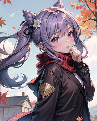 (masterpiece), best quality, ultra-detailed, illustration, keqing (genshin impact), hair bun, purple hair, twintails, purple eyes, diamond-shaped pupils, hair ornament, cone hair bun, long hair, double bun, bangs, bow, hair flower, hair bow, hair ribbon, blush, parted lips, , alternate costume, brown coat, red scarf, plaid scarf, hands up, hands together, autumn, falling leaves, wind, outdoors, depth of field, from side, upper body,keqingrnd