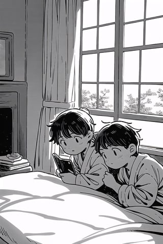 (masterpiece, best quality) In a dimly lit orphanage, a young boy and a young girl are peacefully asleep. Capture the somber atmosphere of the scene, with the soft lighting and the innocent slumber of the two children, Create an artwork that captures this scene, emphasizing the simplicity and serenity of a black and white Japanese manga style, clean line work, striking visuals, bold outlines, (manga influence:1.3)